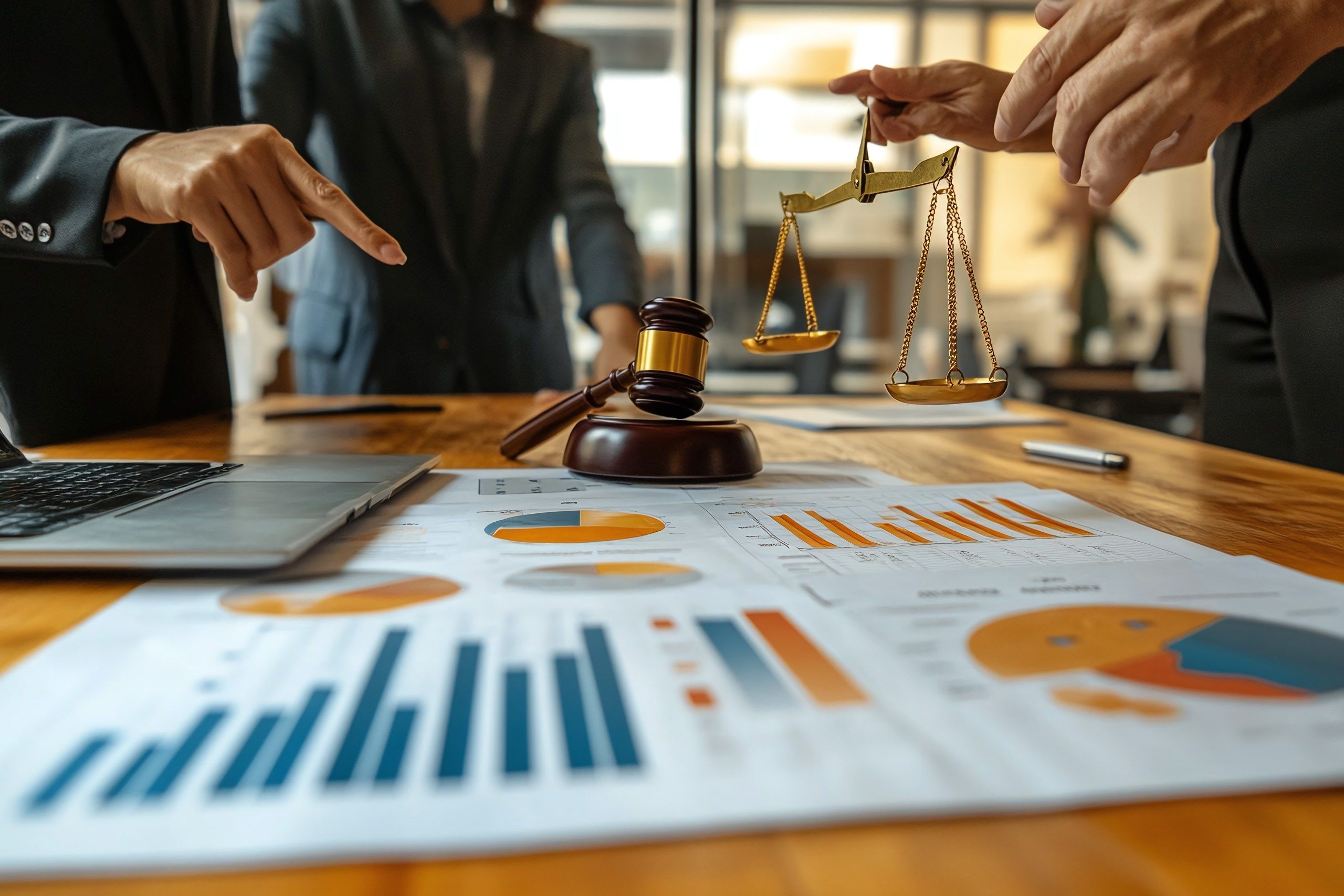 Balanza de la justicia y mazo sobre una mesa con informes